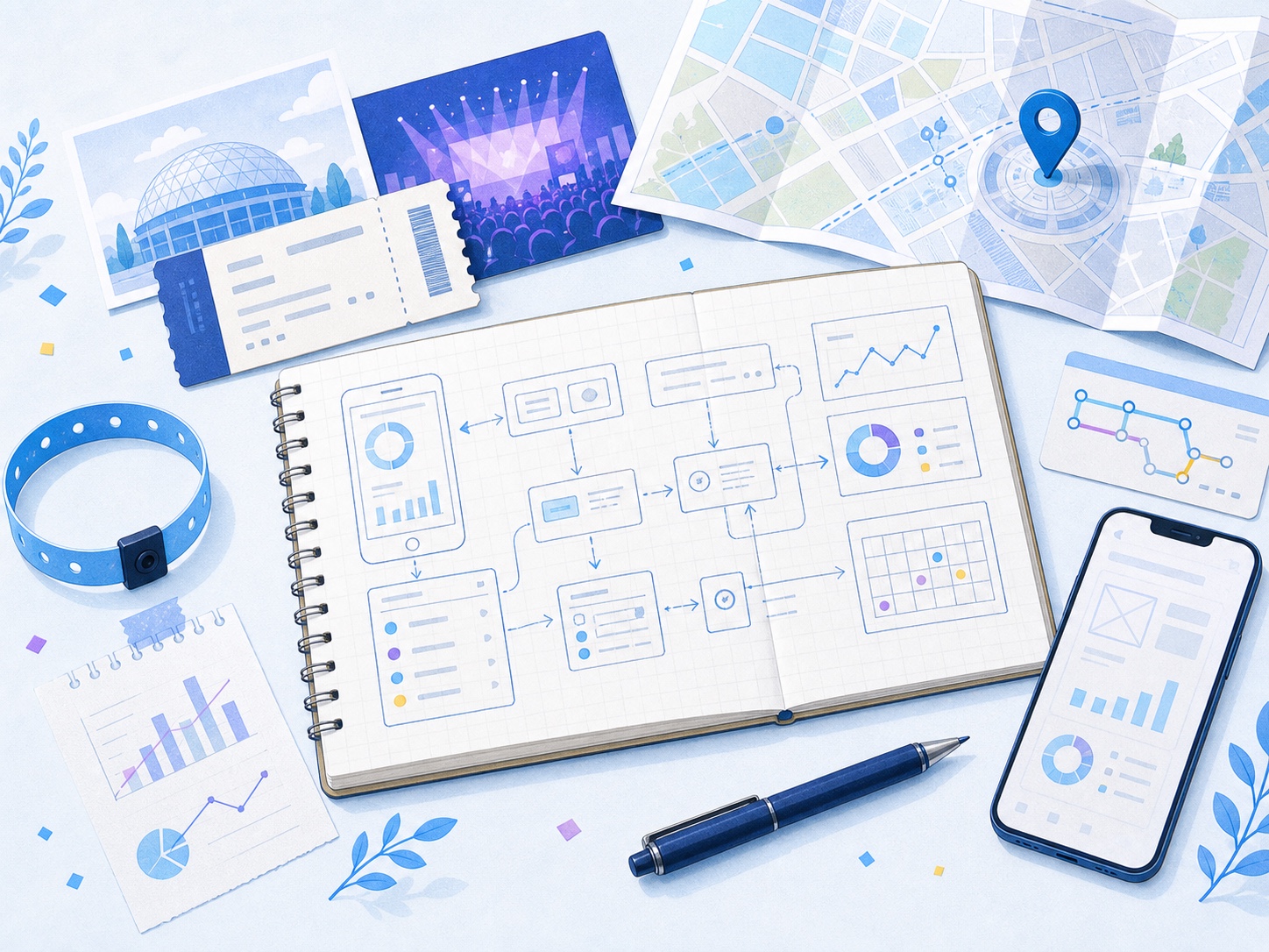 チケットや会場地図をそばに置いてアプリを設計する机上のイラスト